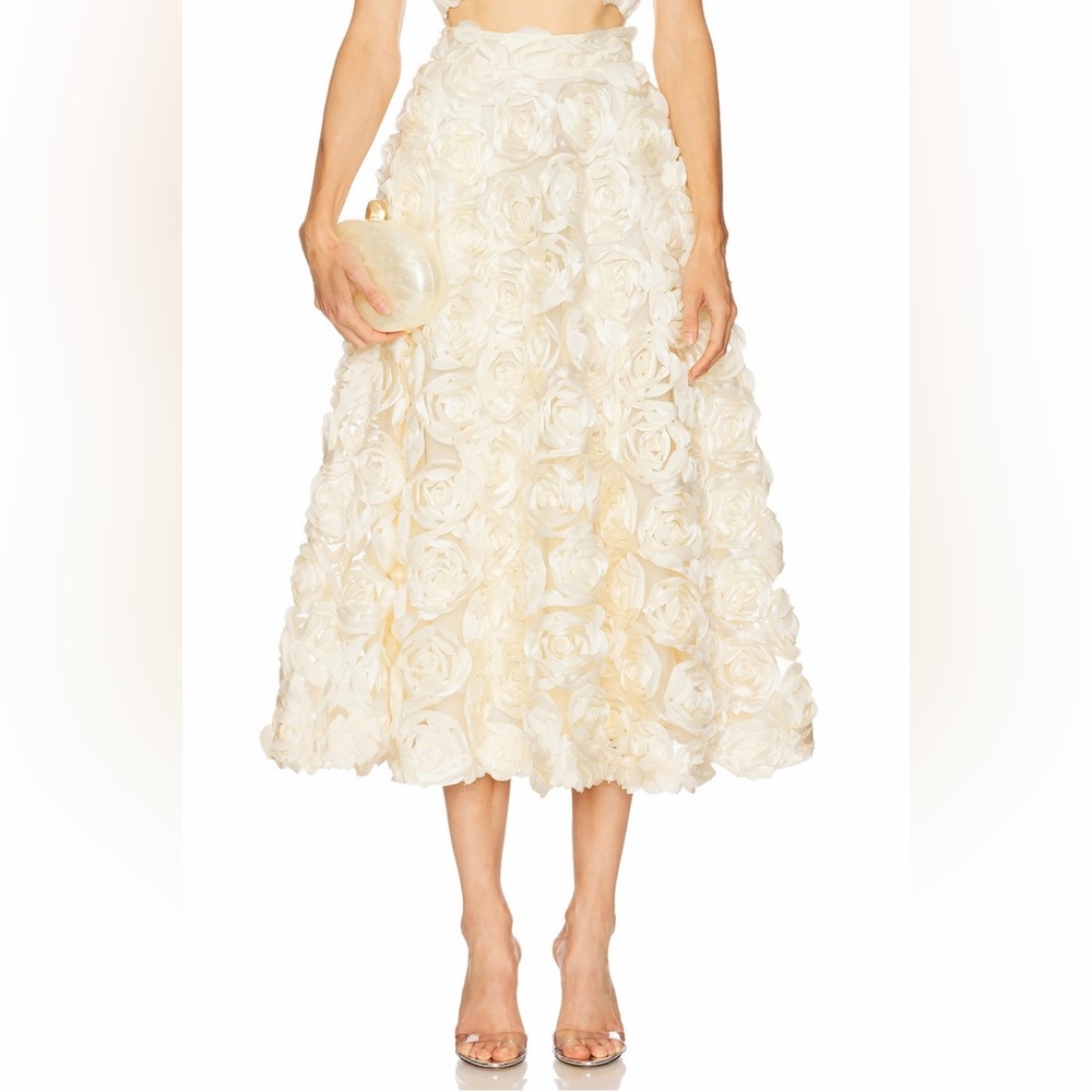 ROTATE Revolve Egret Cream 3D Rosette Floral A-Line Sun Midi Skirt Size 40 DWT